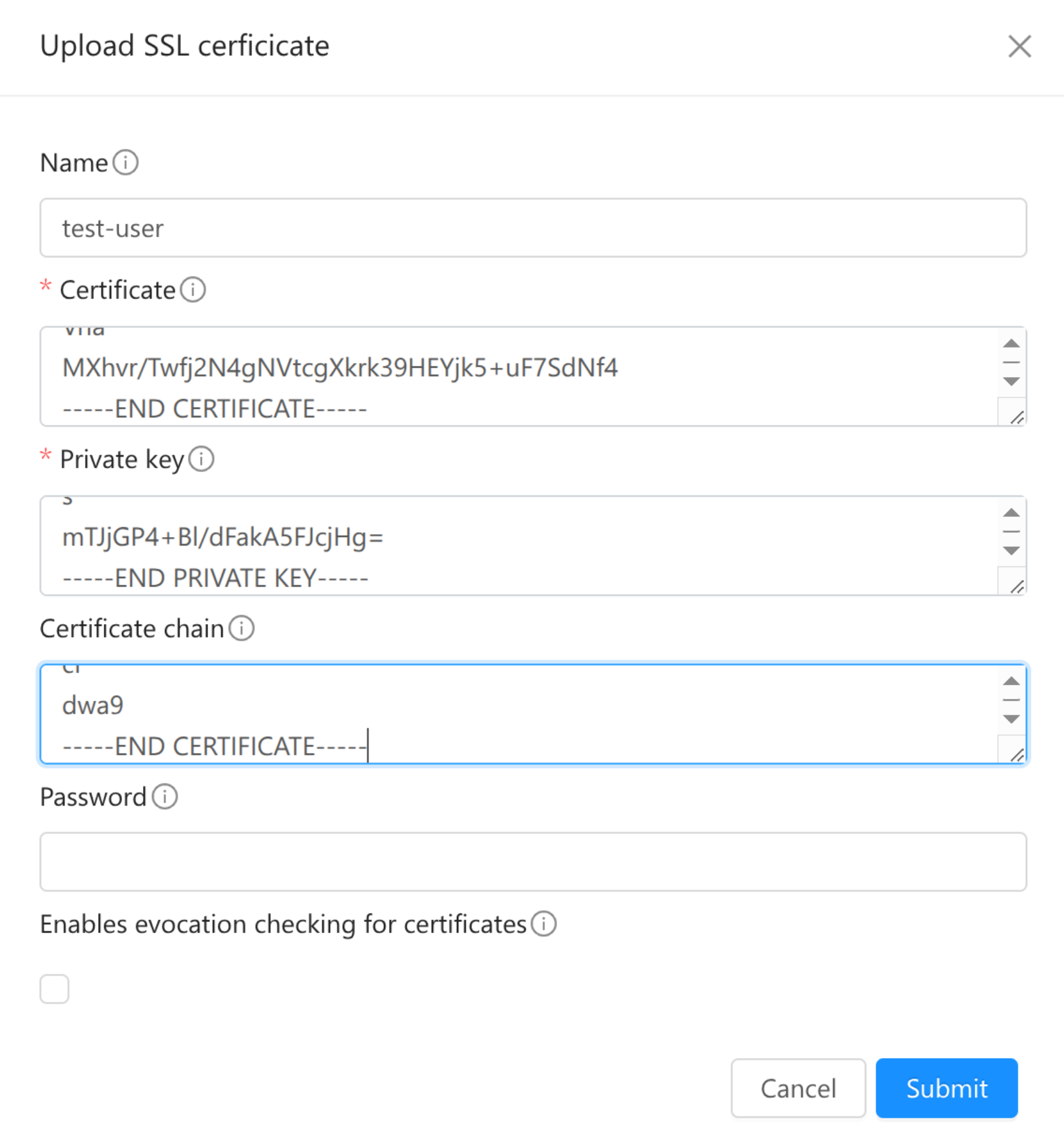 Upload SSL certificate for account.
